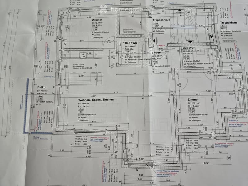 Floor plan showing multiple rooms including living/dining/kitchen area, bedroom, bathroom, balcony, staircase, and entrance.