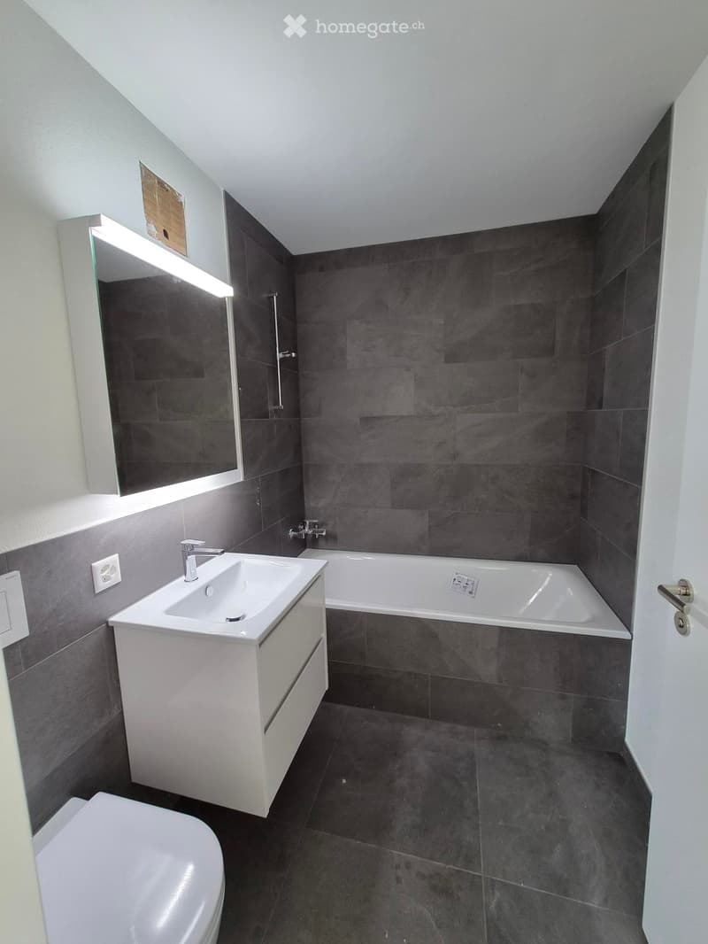 Modern bathroom with dark grey tiles, white sink, bathtub, and mirror. Features a sleek design with a built-in sink cabinet and a modern faucet.