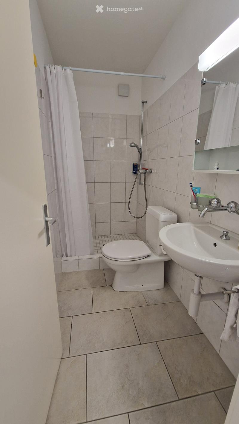 Clean, modern bathroom with white tiles, a toilet, a sink with a mirror, and a shower area with a curtain.