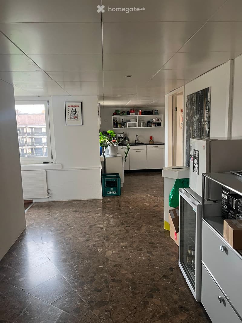 A modern kitchen area with a refrigerator, microwave, sink, and cabinetry. A potted plant is on the counter, and a picture frame hangs on the wall. The floor is tiled, and there is a window with a view of the outside.