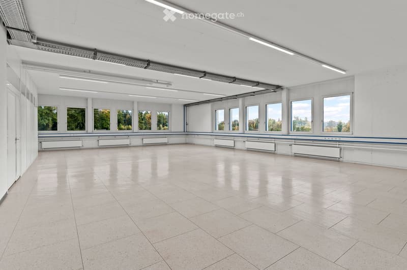Empty room with white walls, large windows, and a polished concrete floor. No furniture or equipment is present.
