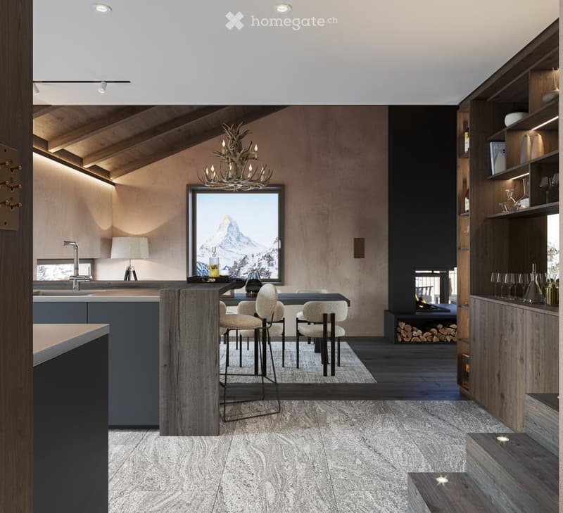 dining and kitchen area, fireplace, dining table, chairs, large window