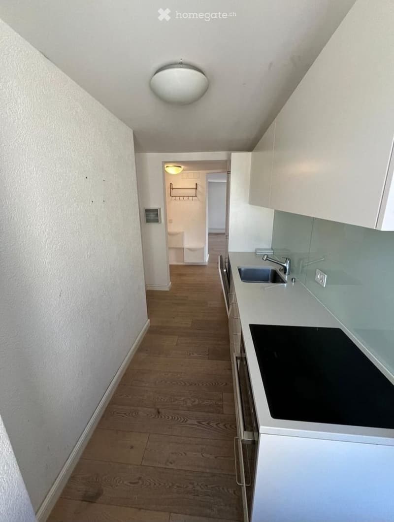 A narrow hallway with wooden flooring, white walls, and a ceiling light. The hallway leads to a kitchen area with white cabinets, a sink, and a stove.