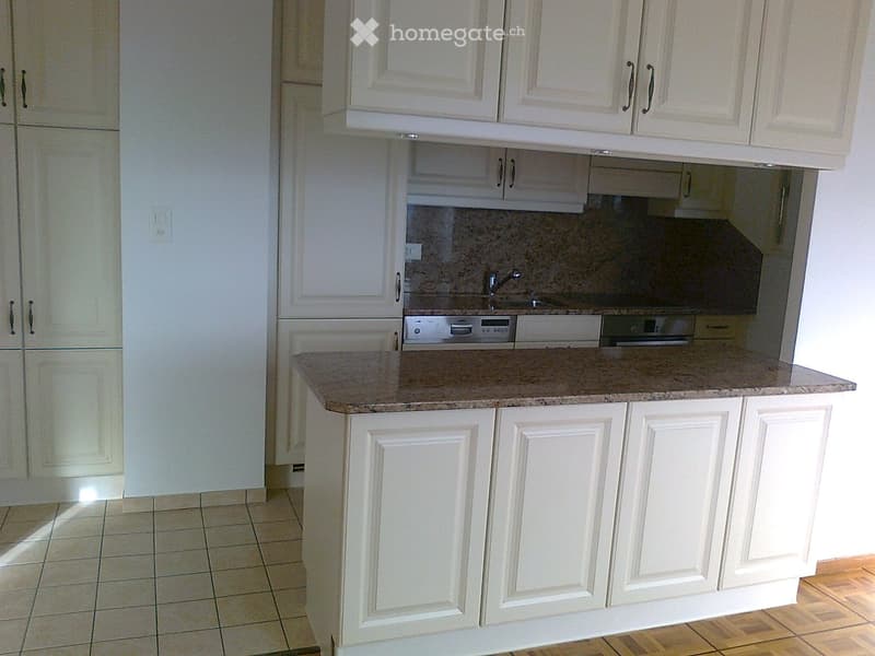 Modern kitchen with white cabinets, granite countertop, and built-in appliances including a dishwasher and sink.