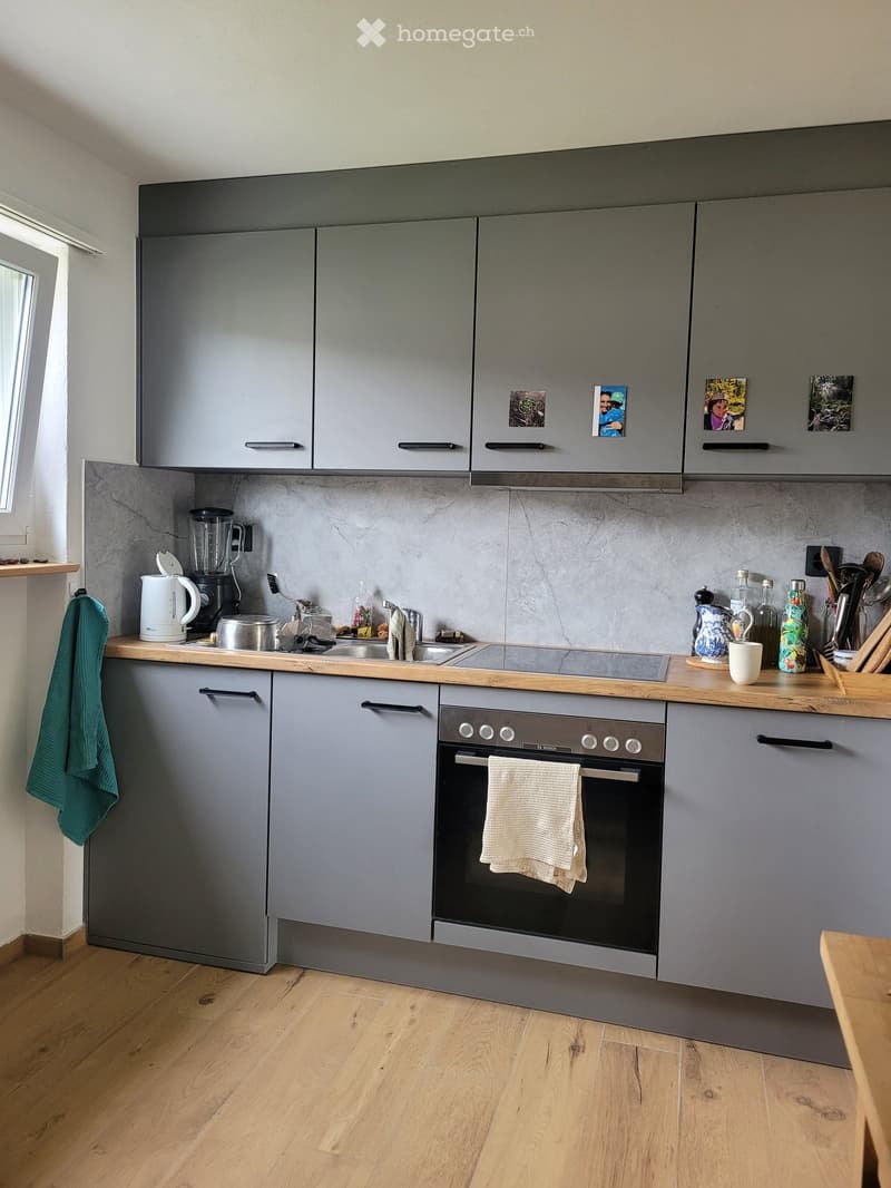 Modern kitchen with grey cabinets, wooden countertops, stainless steel appliances, and various kitchen items on the counter.
