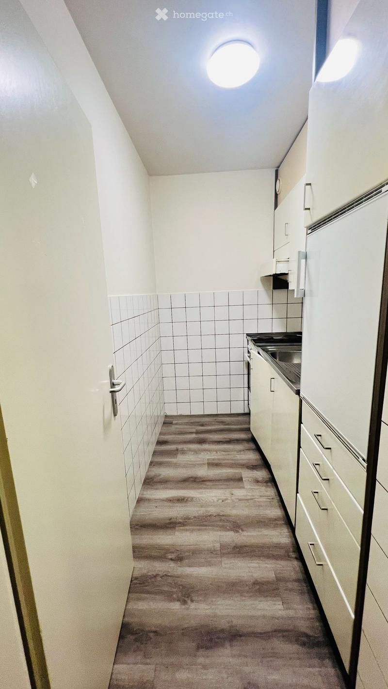 Narrow hallway with white walls, wooden floor, and white cabinets on one side. Features a round skylight in the ceiling and a door on the left side.