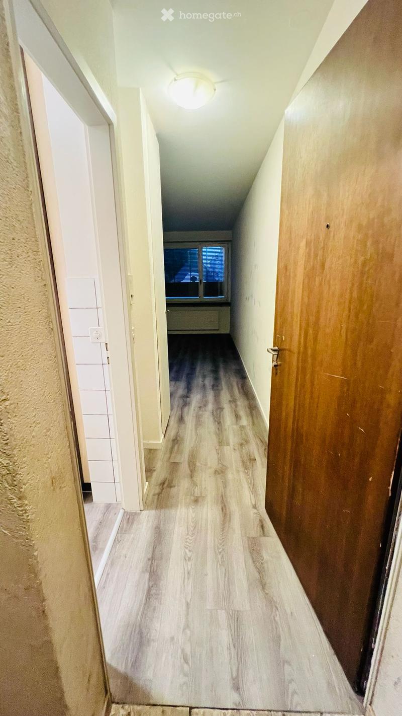A narrow hallway with wooden flooring, white walls, and a ceiling light fixture. A window at the end provides natural light, and there are doors on either side.
