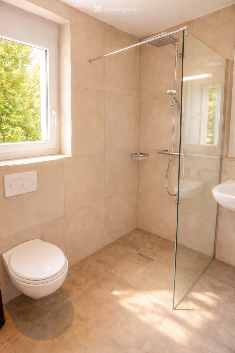 Modern bathroom with beige tiles, a toilet, a sink, and a glass-enclosed shower with a handheld showerhead. Natural light streams in from a window on the left.