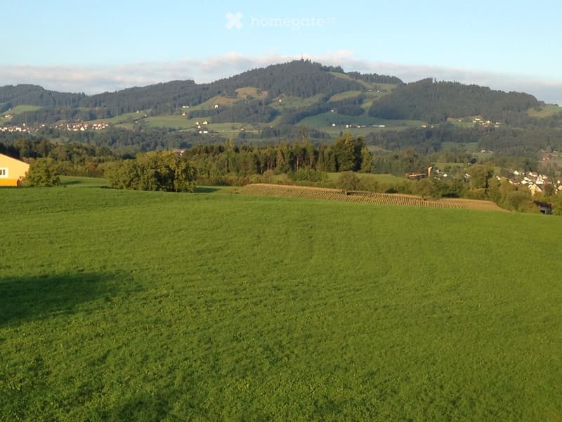 A wide open green field surrounded by trees and distant hills