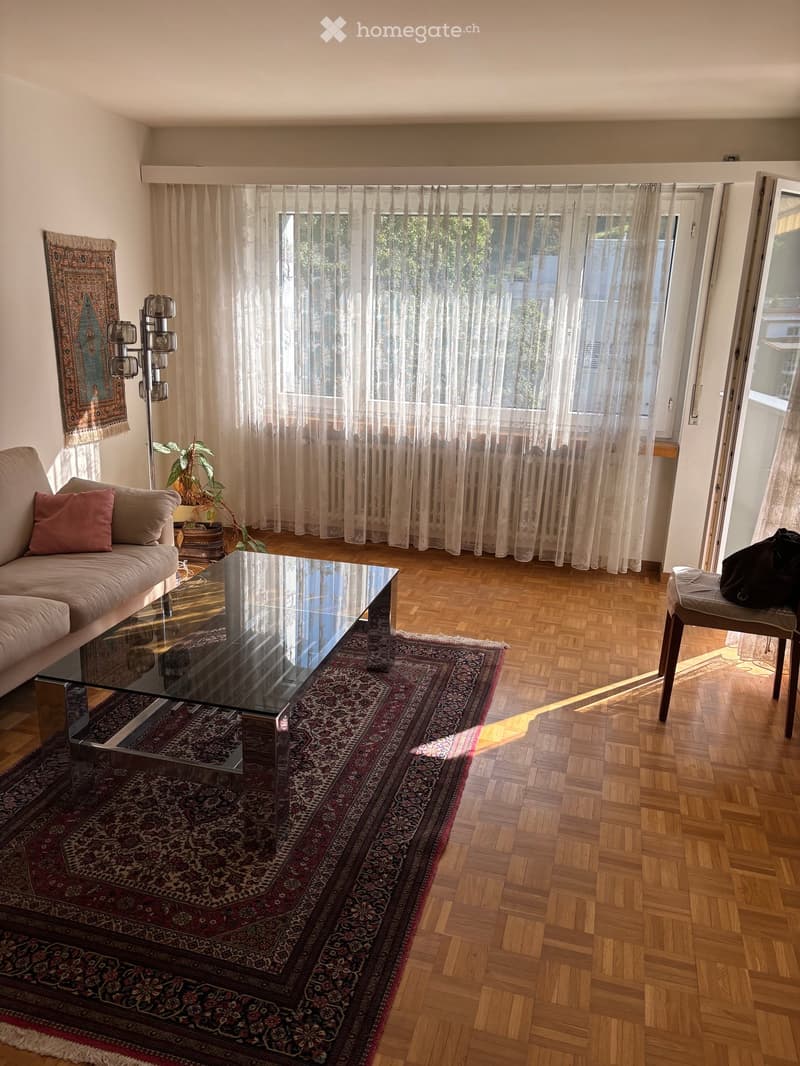Living room with wooden flooring, large windows with sheer curtains, a sofa with pink cushions, a glass coffee table, a floor lamp, a patterned rug, and a potted plant.