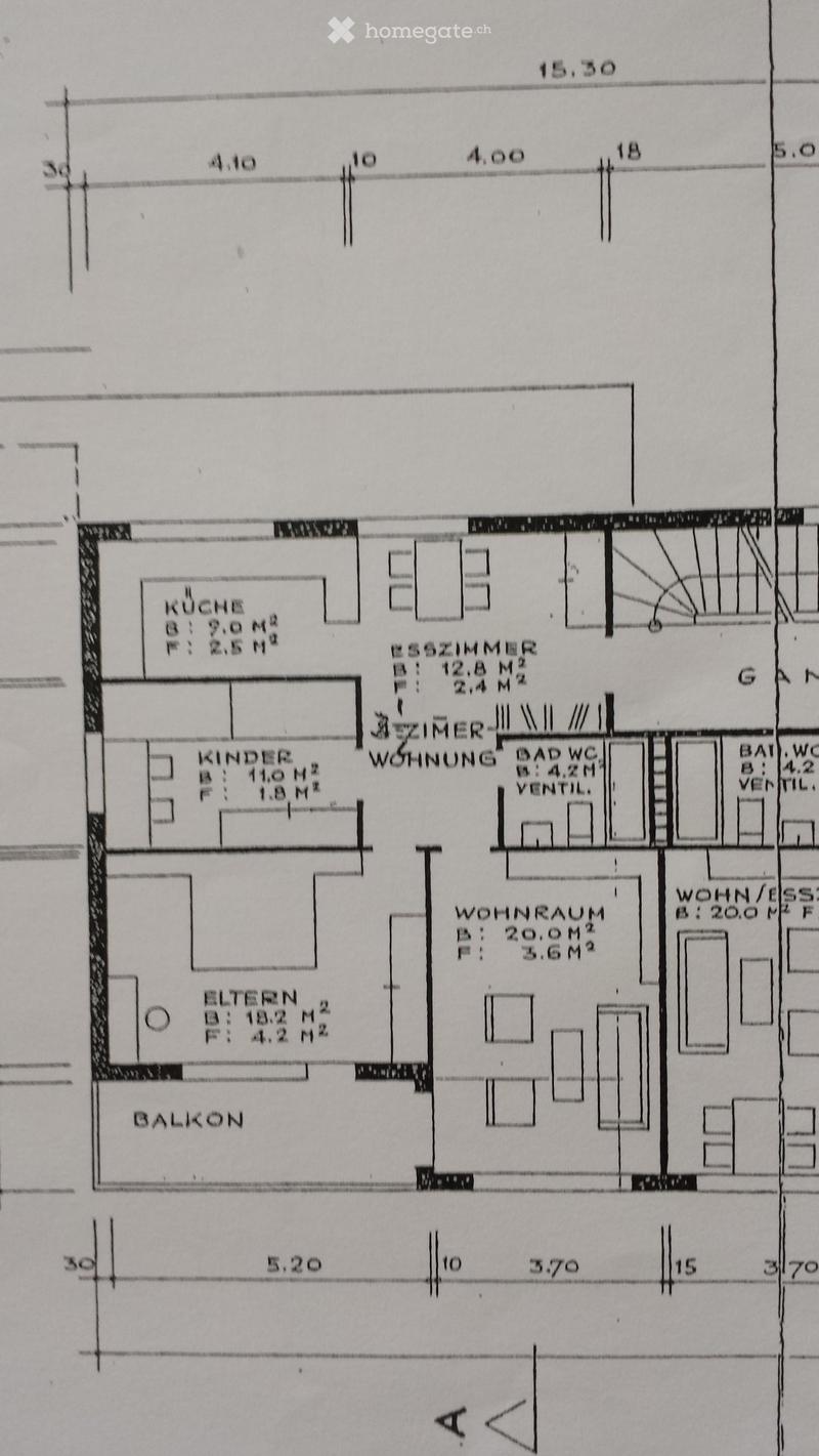 Floor plan showing a multi-room layout including a kitchen, dining room, living room, children's room, parents' room, bathroom, and balcony.