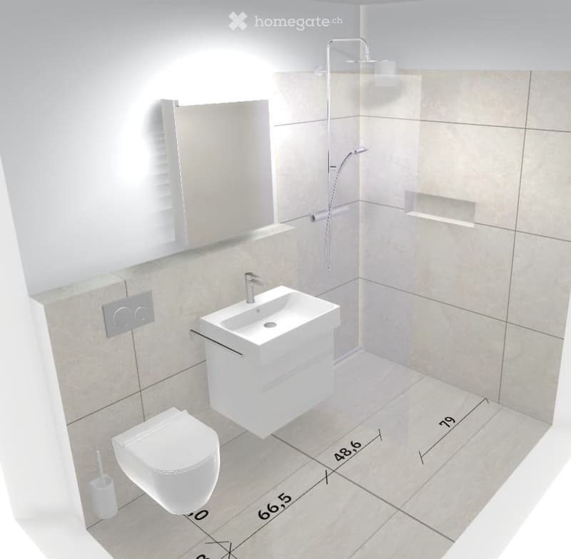 Modern bathroom with a toilet, sink, mirror, and walk-in shower. Dimensions are marked on the floor.