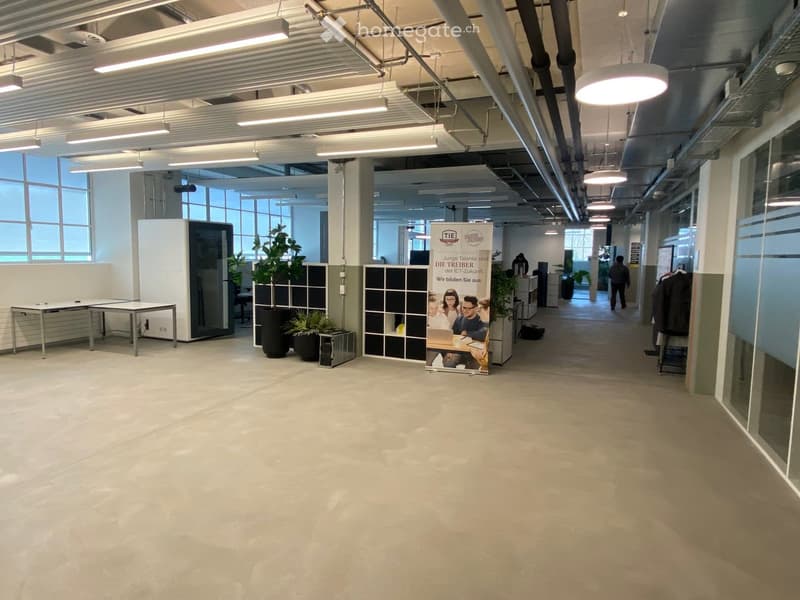 Modern office corridor with exposed ceiling beams, pendant lights, large windows, and potted plants. Visible furniture includes a table, shelving units, and a banner on the floor.