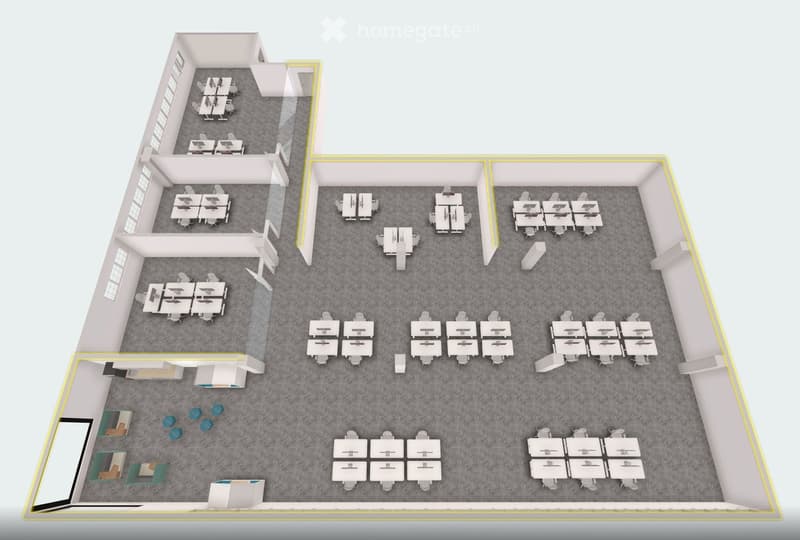 Office floor plan with multiple workstations, desks, chairs, and small meeting rooms.