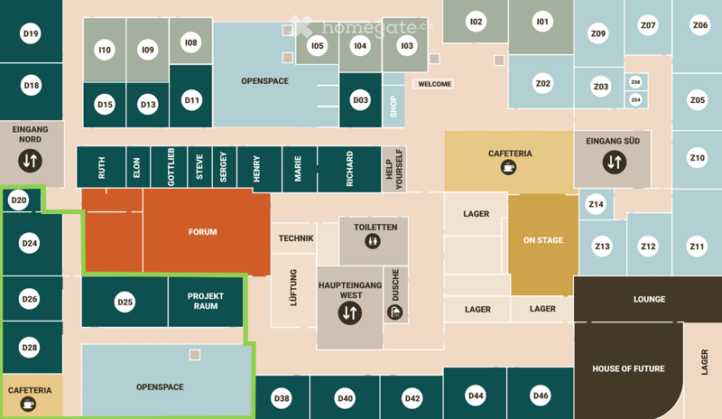Floor plan showing various rooms and areas including Forum, Projekt Raum, Cafeteria, Open Space, and Lounge.