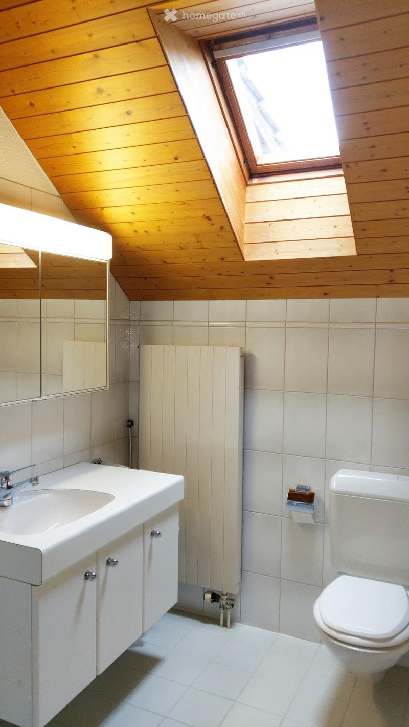 Bright bathroom with white tiles, a large sink with a mirror, a toilet, and a wooden slanted ceiling with a skylight window.