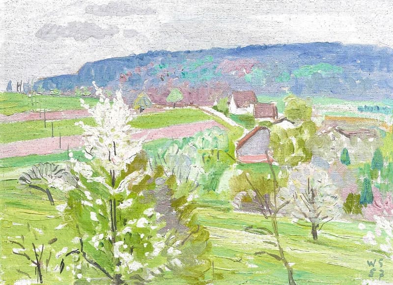 Garden / Outdoor Area. A painting depicting a rural landscape with green fields, scattered trees, and small houses in the distance.