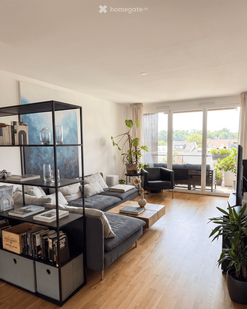 Modern living room with light wooden flooring, grey sofa, coffee table, bookshelf, and large windows offering a view of the city.