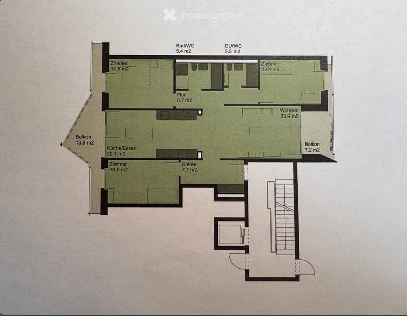 Floor plan showing a layout with multiple rooms including a kitchen/dining area, living area, bedrooms, bathrooms, and balconies.