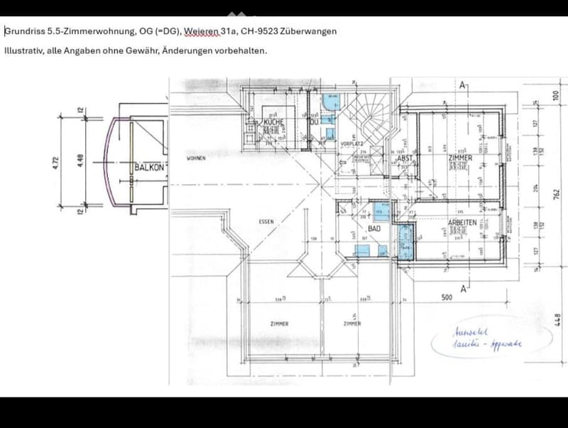 Floor plan of a 5.5-room apartment on the upper ground floor, featuring a kitchen, living area, dining area, two bedrooms, a bathroom, and a balcony.