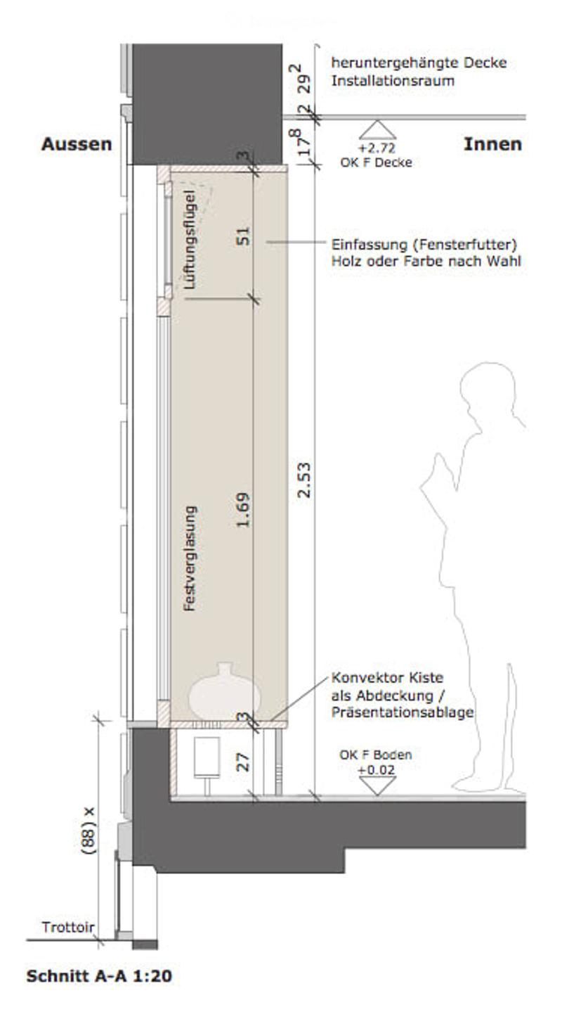 Floor plan of a bathroom with a toilet, sink, and shower area. Includes measurements and labels for various elements such as the ventilation shaft, waste disposal, and presentation shelf.