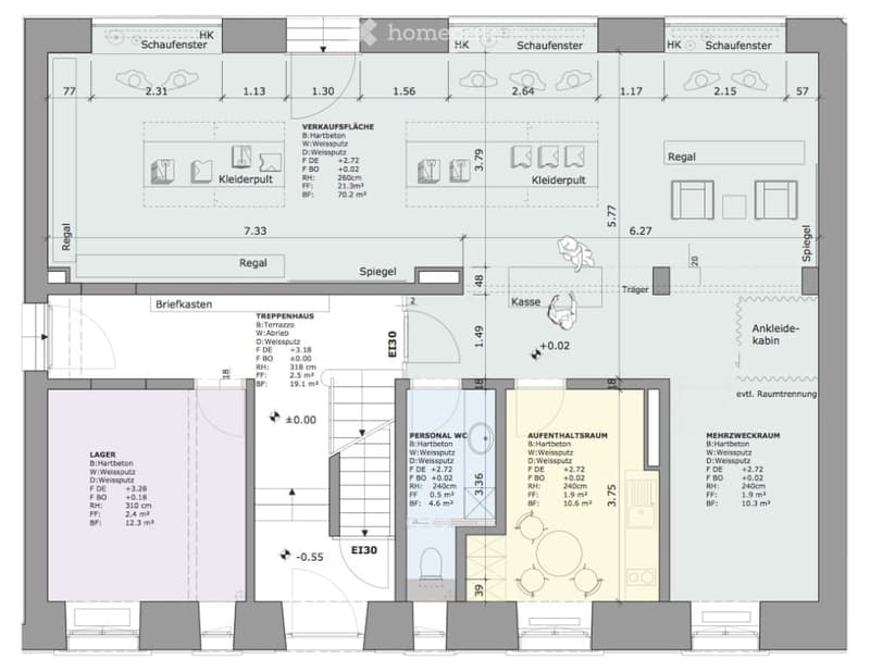 Floor plan of a commercial space with labeled areas including sales area, storage, personal WC, lounge, and multi-purpose room.