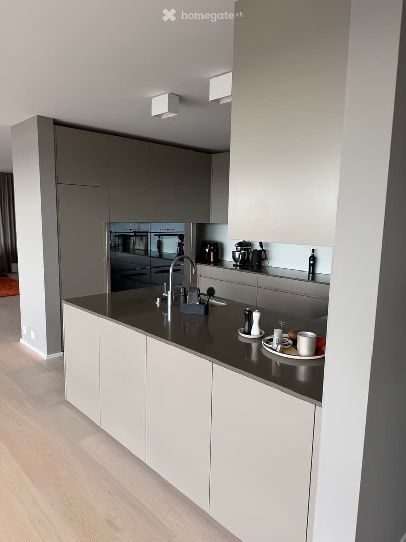 Modern kitchen with sleek, grey cabinets, a black countertop, and various appliances including an oven, coffee maker, and blender. The countertop features a faucet, sink, and several small items like a cup, bottle, and plate.