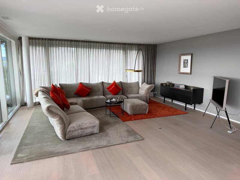 Modern living room with a grey sectional sofa, red throw pillows, a coffee table, side table, and a television on a stand. The room features large windows with grey curtains, a grey area rug, and a wooden floor.