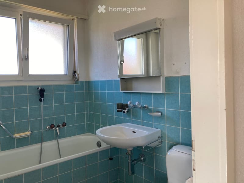 Bathroom with white toilet, bathtub, sink, and blue tiles