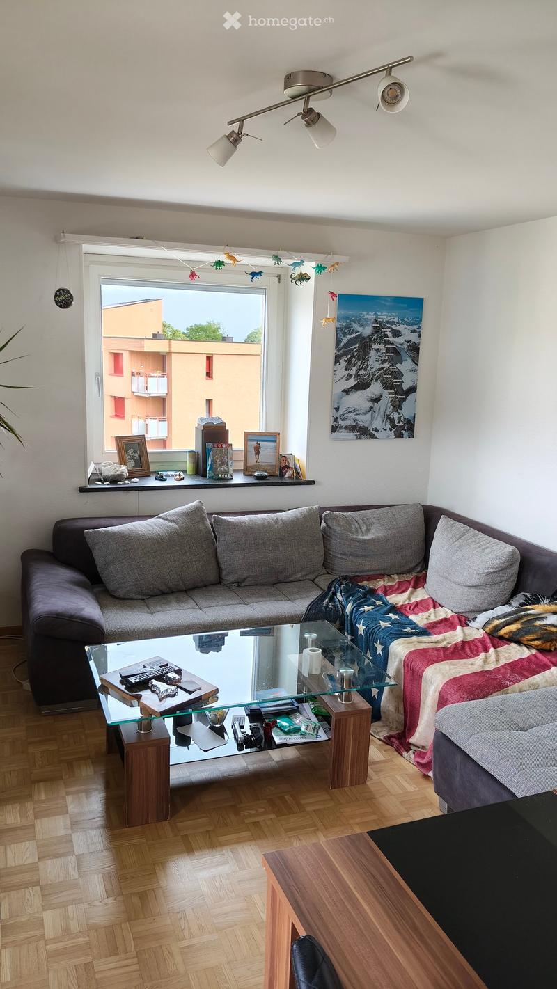 A modern living room with a grey sectional sofa, glass coffee table, wooden side tables, and a large window with a view of a building. The room features a wooden floor, a wall-mounted lamp, and decorative items on the windowsill.