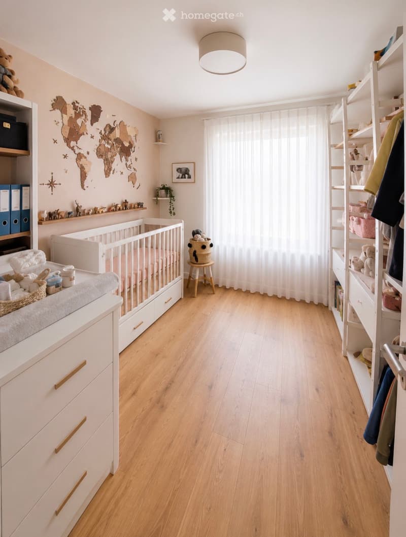 A well-lit nursery with a crib, changing table, shelves, and a small stool with a basket. The room features a world map wall decal, a picture frame, and a large window with white curtains.
