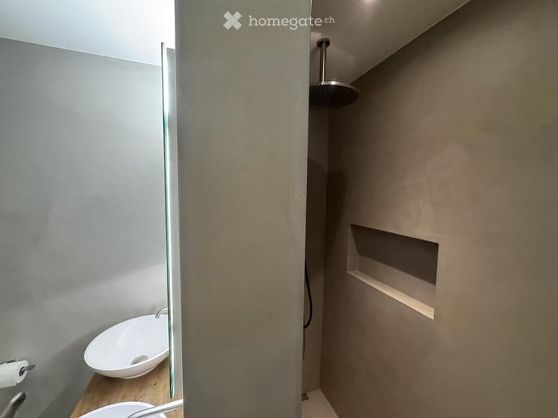 Modern bathroom with a sleek, minimalist design. Features a white sink, a glass shower enclosure, a built-in shelf, and a modern showerhead.