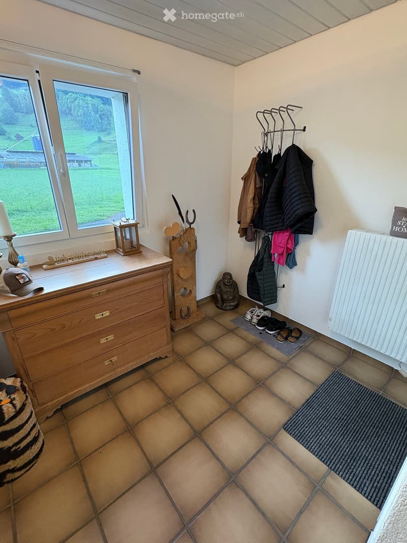 Hallway with wooden dresser, coat rack, shoe rack, and a view of the countryside through a large window.