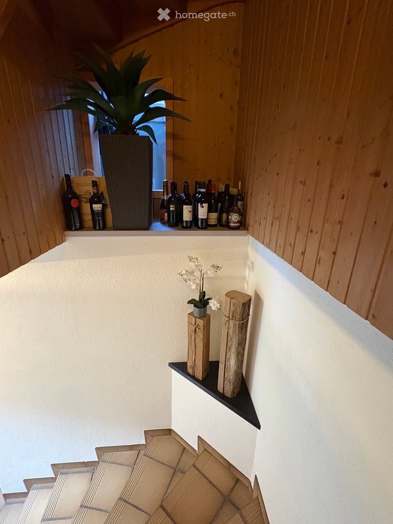 Wooden-paneled hallway with a small landing area, featuring decorative wooden columns, a potted plant, and a shelf with wine bottles and a shopping bag.