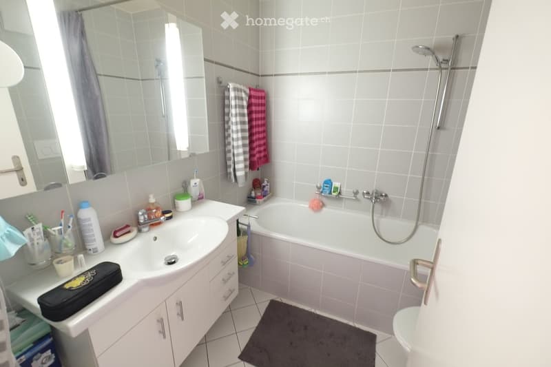 Modern bathroom with a white sink, bathtub, mirror, and various toiletries. Includes a shower hose and a towel on the wall.