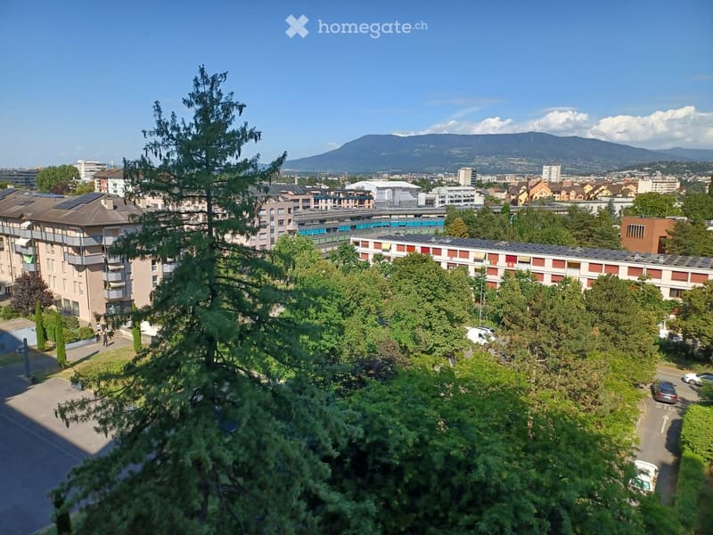 Aerial view of a residential area with multiple apartment buildings, surrounded by trees and greenery, with a mountain range visible in the background.