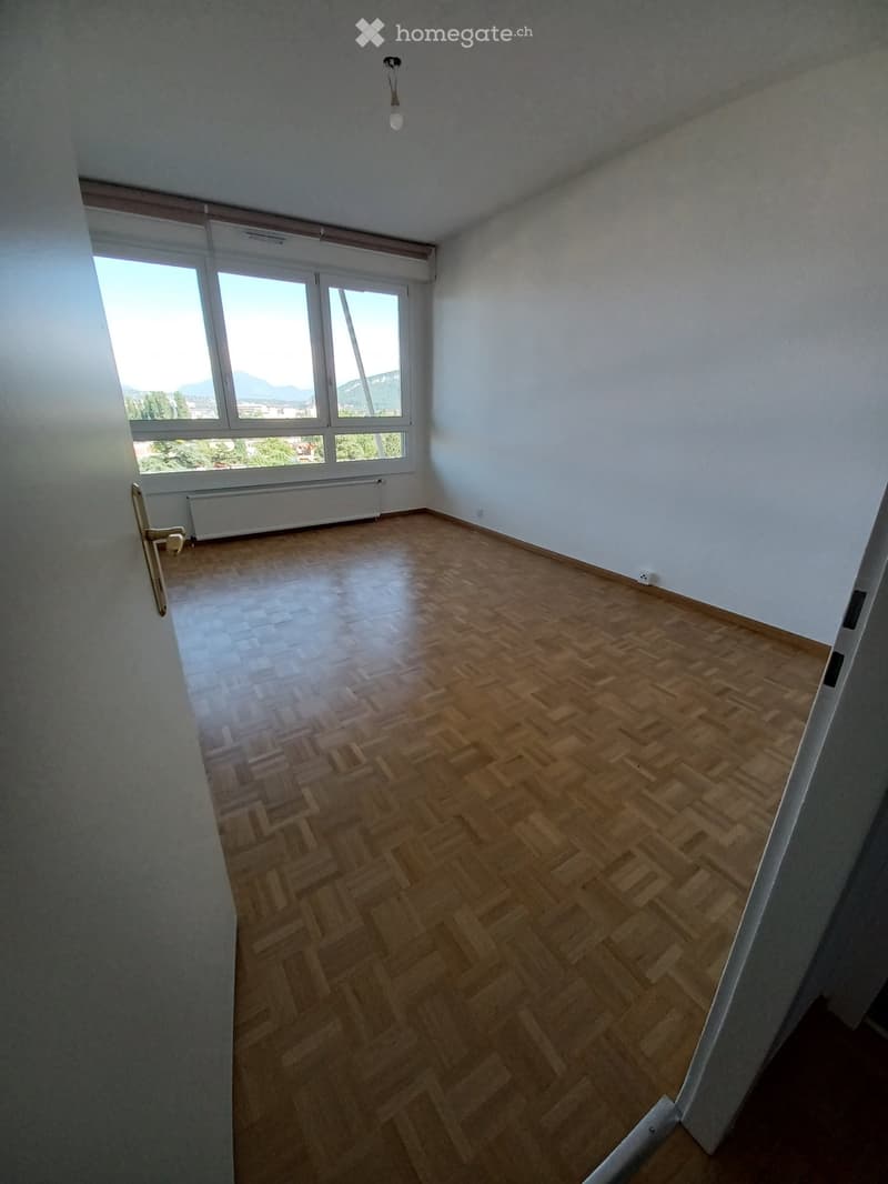 Empty room with wooden herringbone flooring, white walls, large windows with a view, and a radiator under the windows.