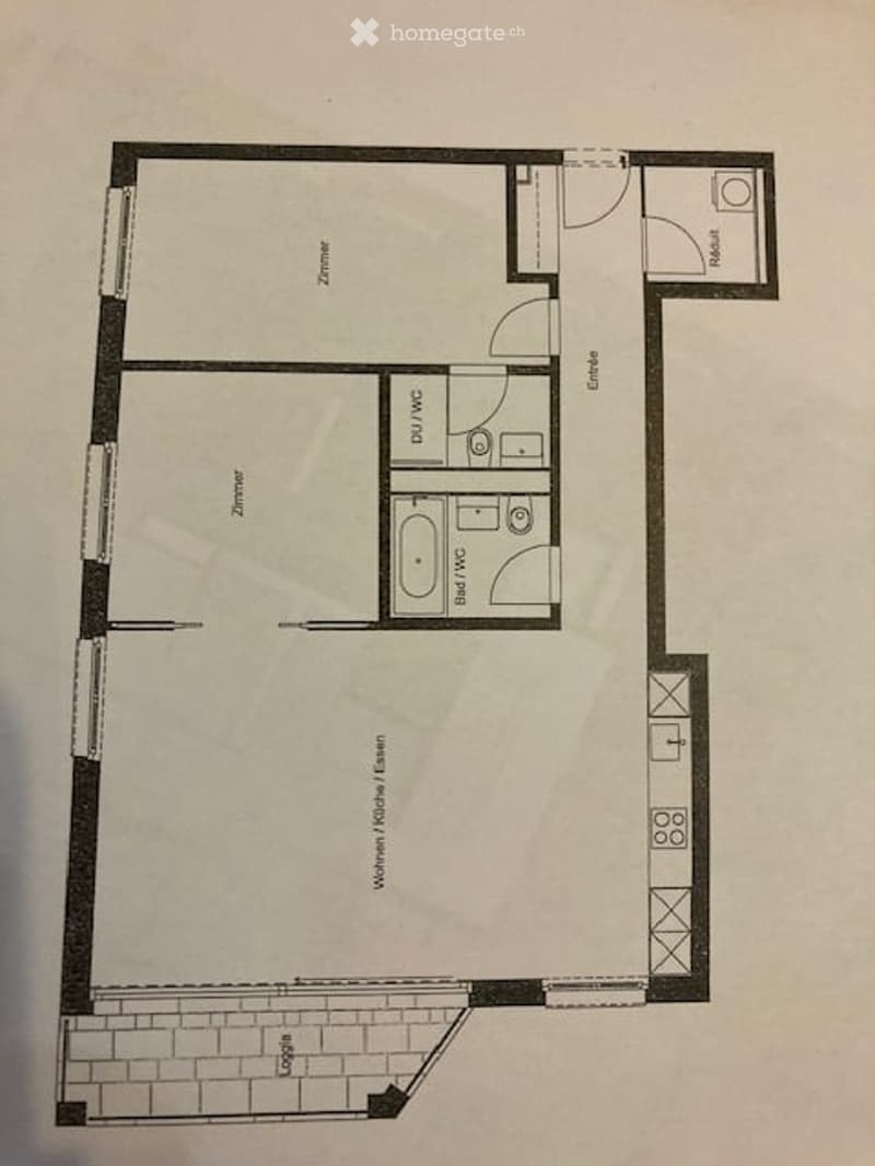 Floor plan of a 3-room apartment with a living room, kitchen, two bedrooms, and a bathroom.