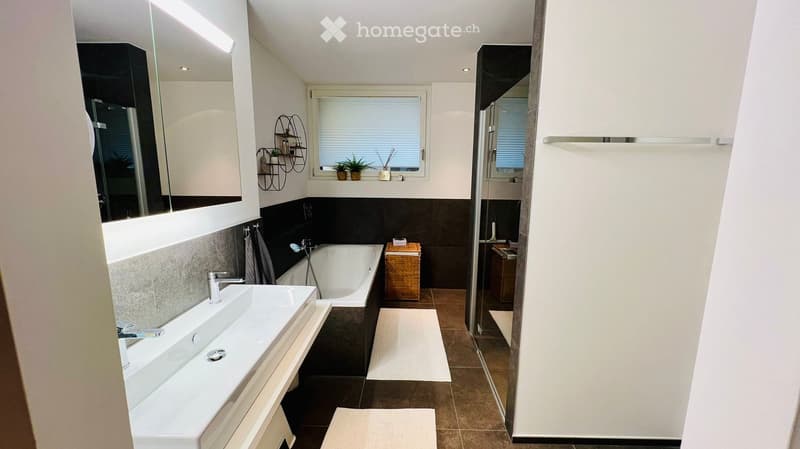 Modern bathroom with a white sink, bathtub, large mirror, and a glass-enclosed shower. Features include wall-mounted shelves with small plants, a wicker basket, and a towel hanging on the wall.