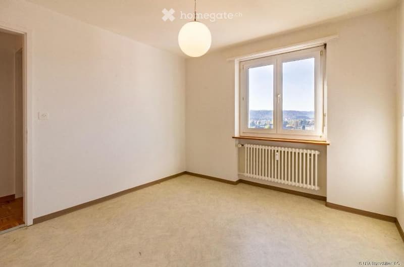 Empty room with white walls, wooden baseboards, carpeted floor, large window with view, radiator, and a single hanging light fixture.