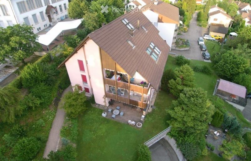 Aerial view of a modern two-story house with a brown tiled roof, multiple windows, and a spacious garden area with outdoor seating and a small patio.