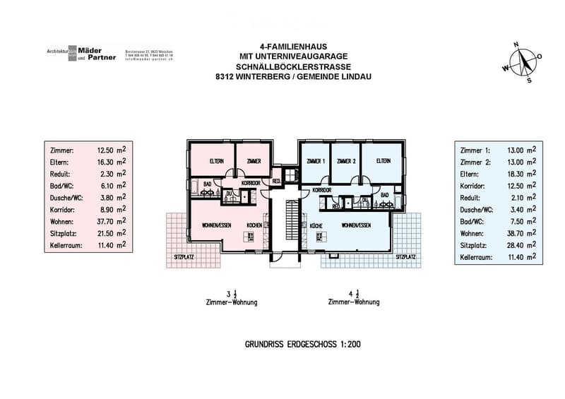 Floor plan of a 4-family house with underground garage, showing two apartments on the ground floor, each with bedrooms, bathrooms, kitchen, living/dining area, and sitting area.
