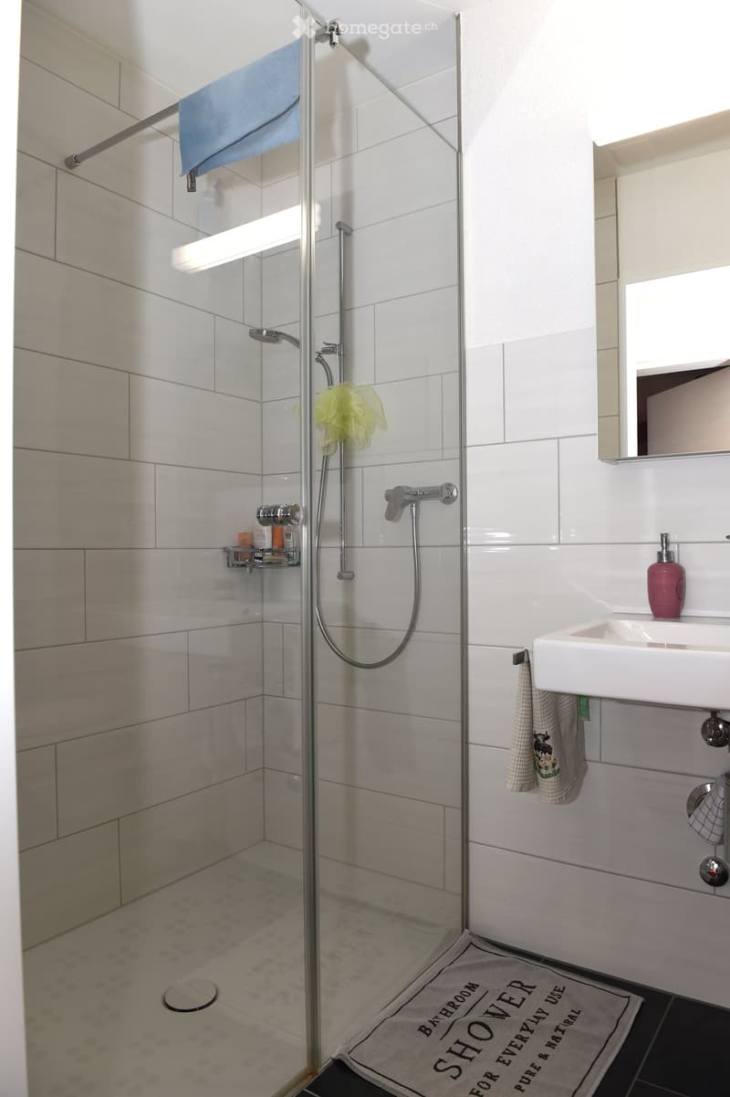 Bathroom with shower, sink, mirror, and tiled wall