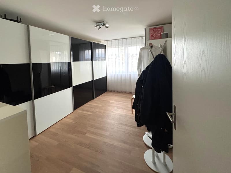 modern styled closet, hardwood floor, white and black shelves, white walls, 2 white lights on ceiling