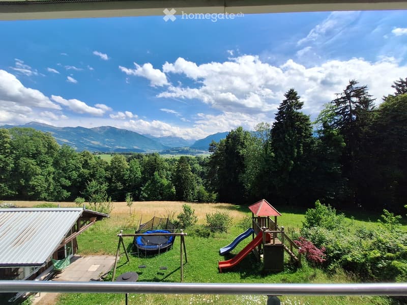 Balcony view of a garden with a trampoline, slide, playhouse, and surrounding trees and mountains.