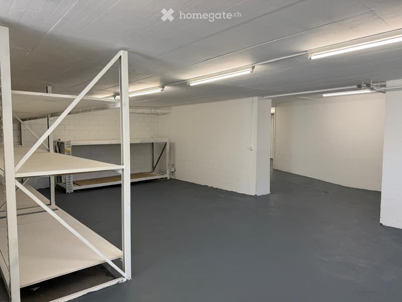 Empty room with white brick walls, dark grey floor, and white metal shelving unit.