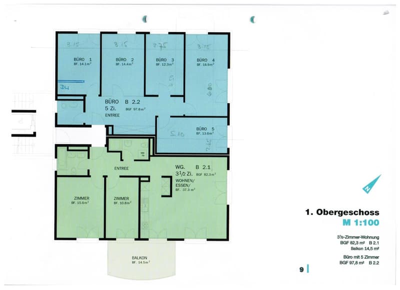 5 apartments, each with 2 bedrooms, living room, kitchen, bathroom, balcony
