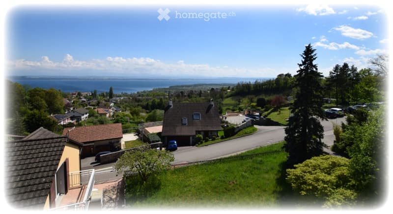 Aerial view of a residential area with houses, trees, and a scenic lake in the background.