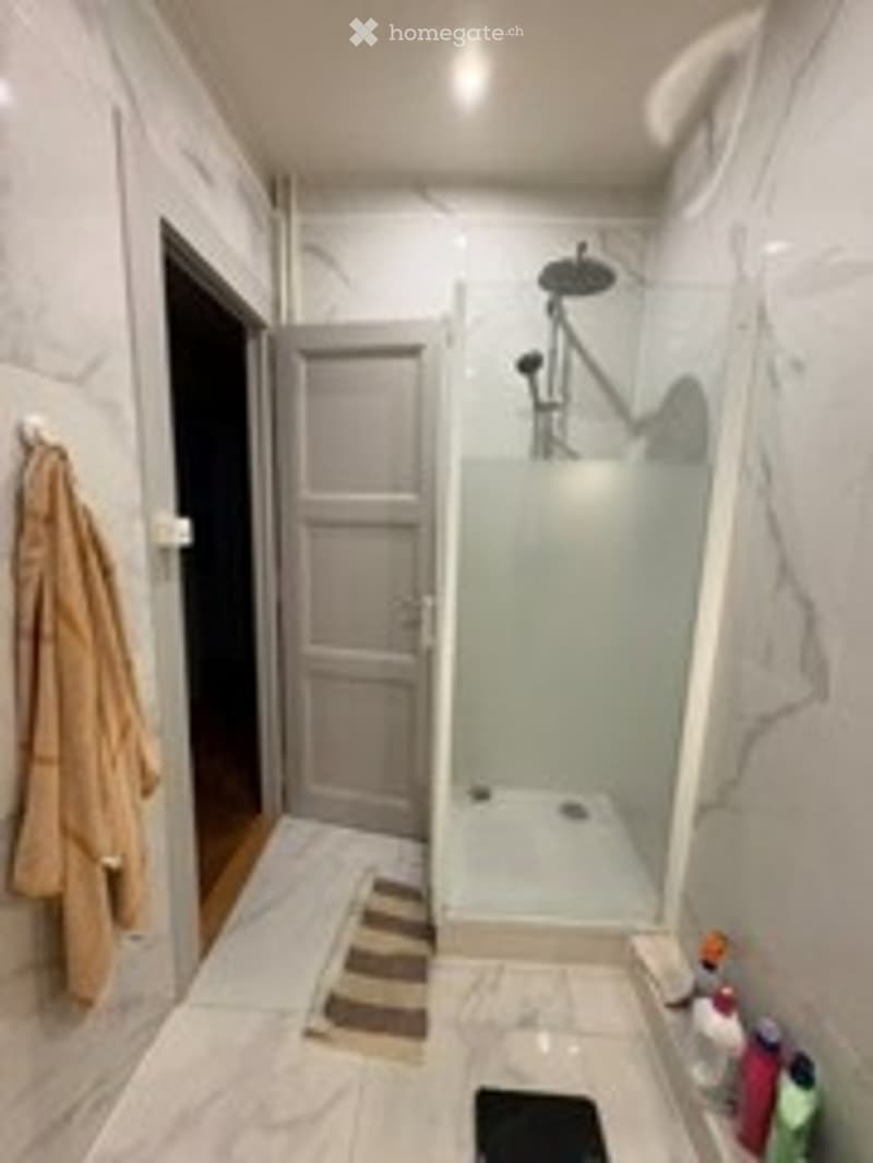 Modern bathroom with a glass-enclosed shower stall, a towel rack with a towel, a showerhead, a bathroom door, and a bathroom cabinet with a sink.