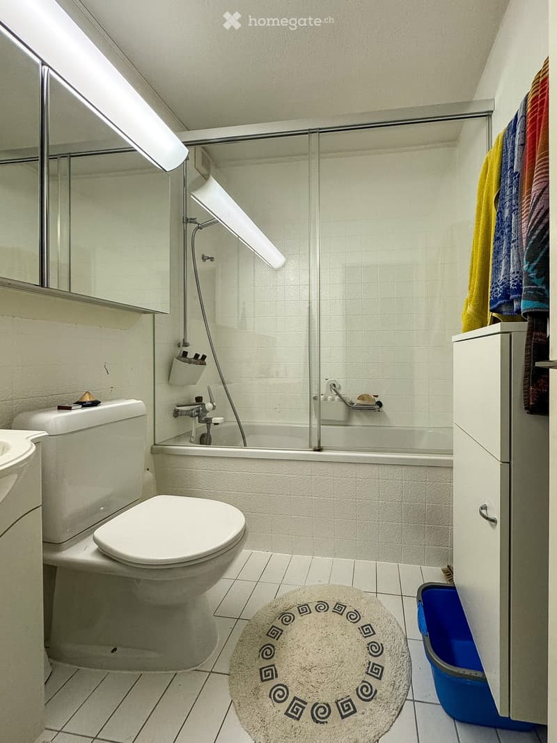 Modern bathroom with a toilet, bathtub, shower, and a large mirror. The space includes a white cabinet, towels hanging on the side, a round bath mat, and a small trash bin.